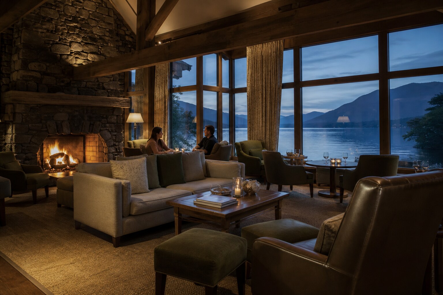 The fireside lounge overlooking the lake at evening