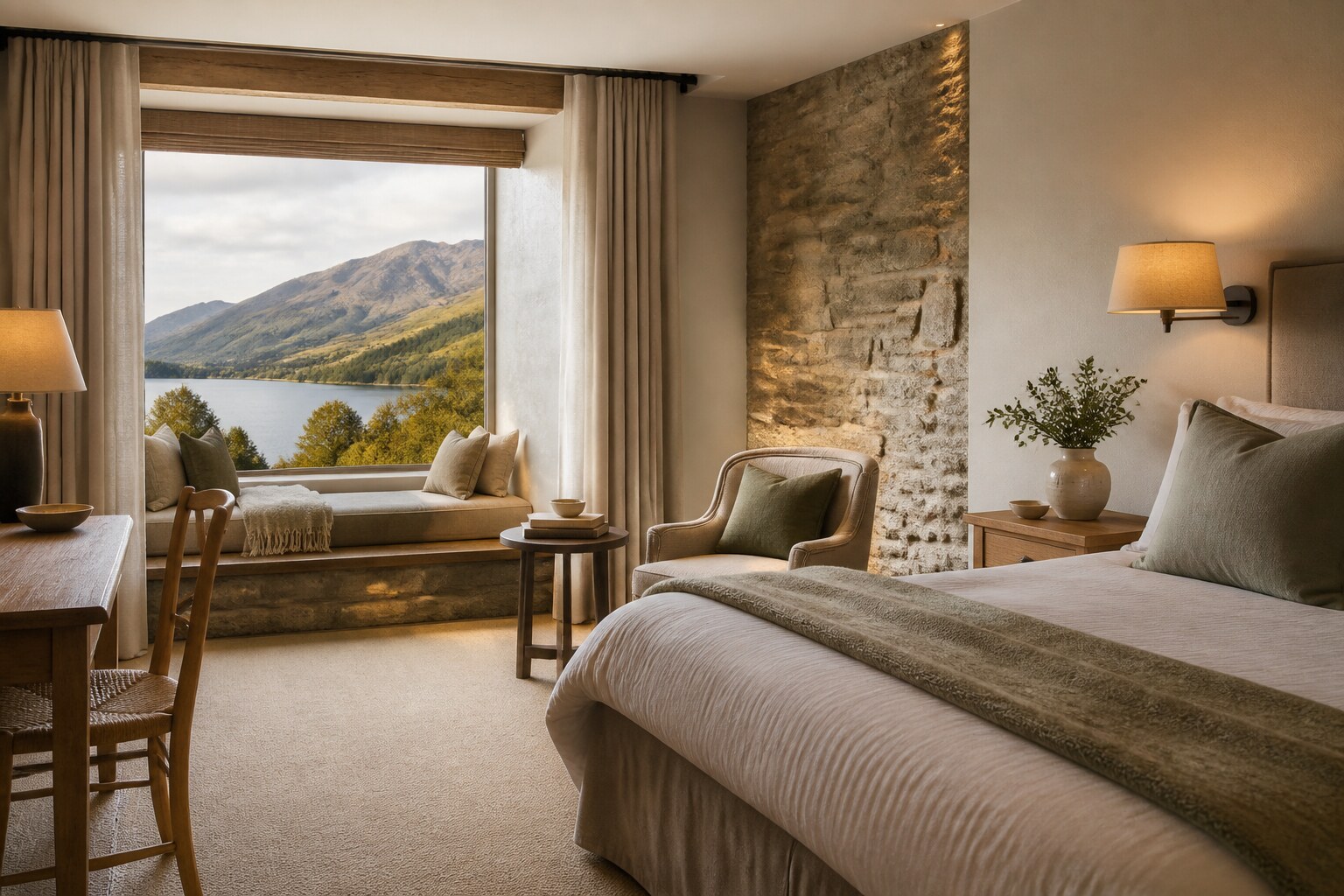 A warm, lake-view room with stone and oak details